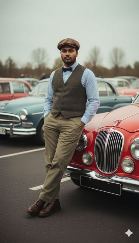 Vintage Car Portrait: Young Man in Classic Style - view 1