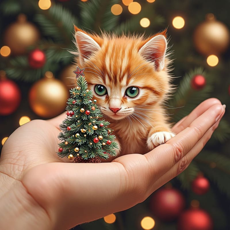 Kitten Christmas Magic: A Whimsical Ink Drawing thumbnail 4