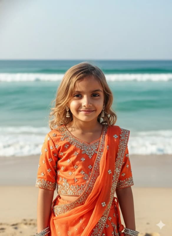 Cinematic Beach Portrait of a Child in Lehenga Choli thumbnail 3