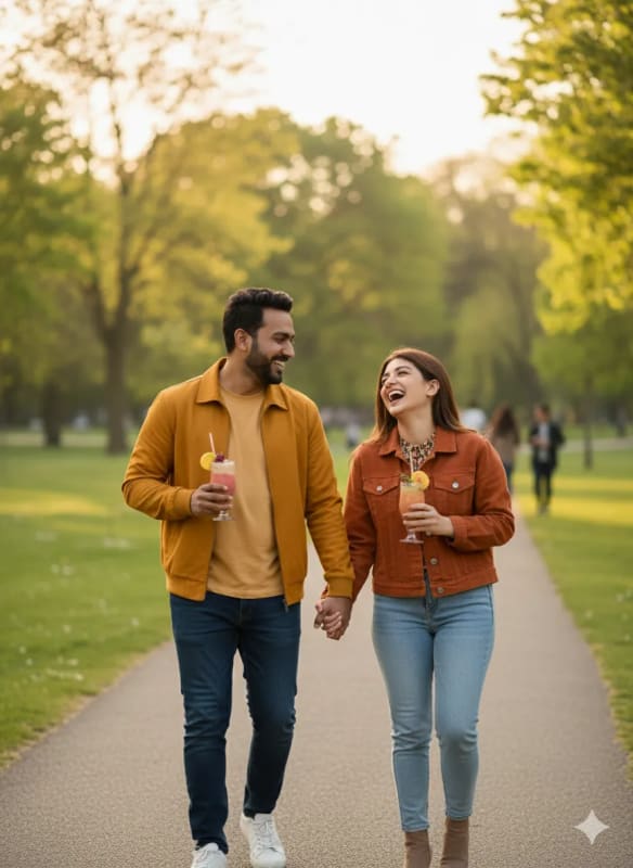 Joyful Outdoor Date: Couple Enjoying Drinks in the Park - view 1