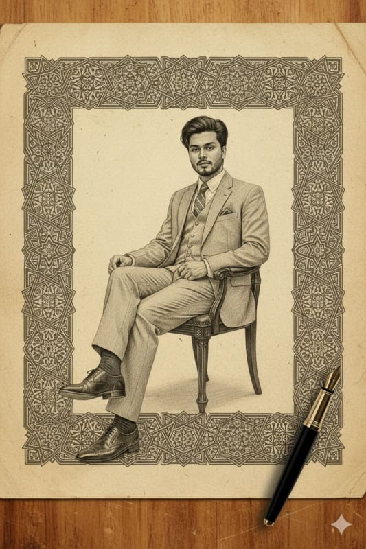 Vintage Gentleman Portrait with Geometric Arabesque Framework - Pencil Art - view 1