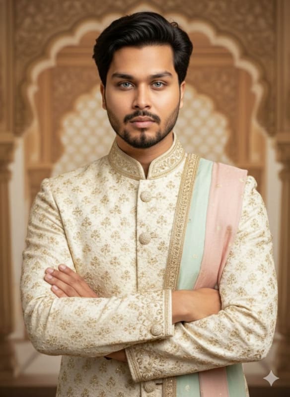 Elegant Indian Man Portrait in Cream Sherwani thumbnail 2