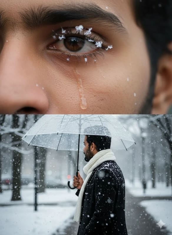 Emotional Winter Portrait: Man in Snow with Detailed Eye Close-up - view 1