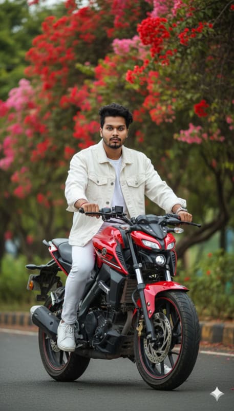 White Denim Fashion on Red MT15 Motorcycle - view 1