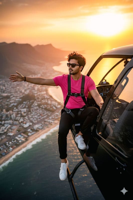 Adventurous Helicopter Selfie at Sunset: A Dynamic AI Art Prompt - view 1