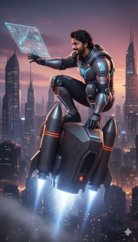 Futuristic Jetpack Superhero with Holographic Tech thumbnail 2