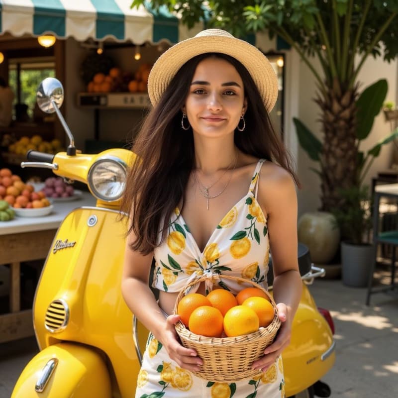 Lemon Print Fashion: Woman with Scooter in Italy - view 1