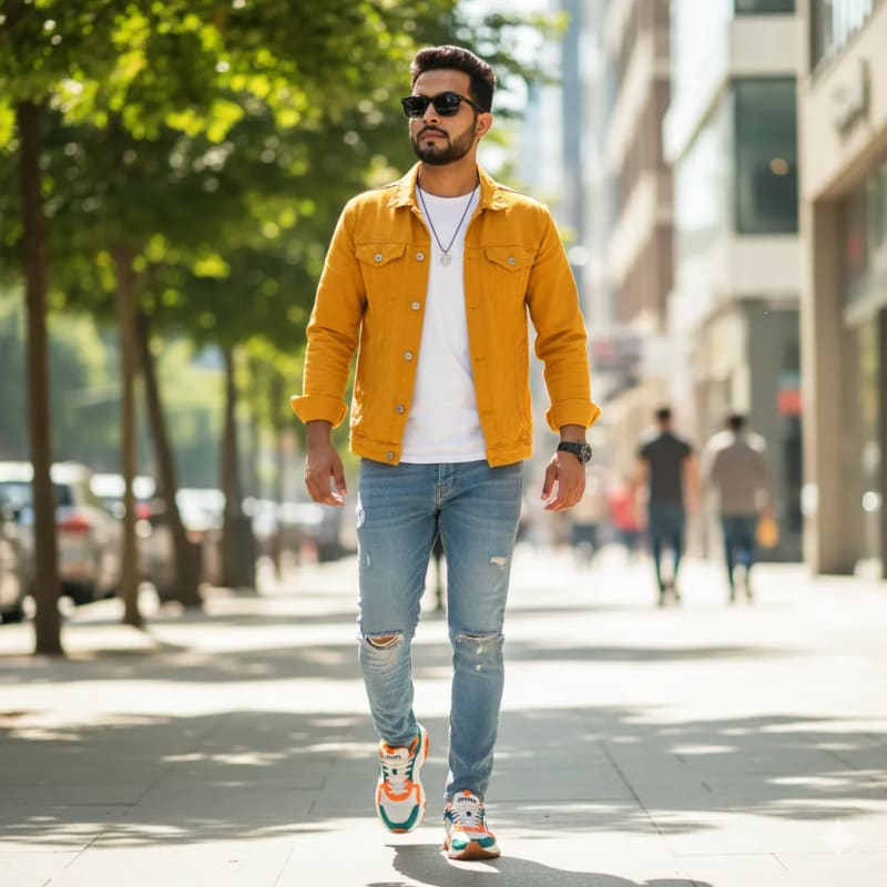 Mustard Yellow Denim Jacket Street Style Photography thumbnail 2