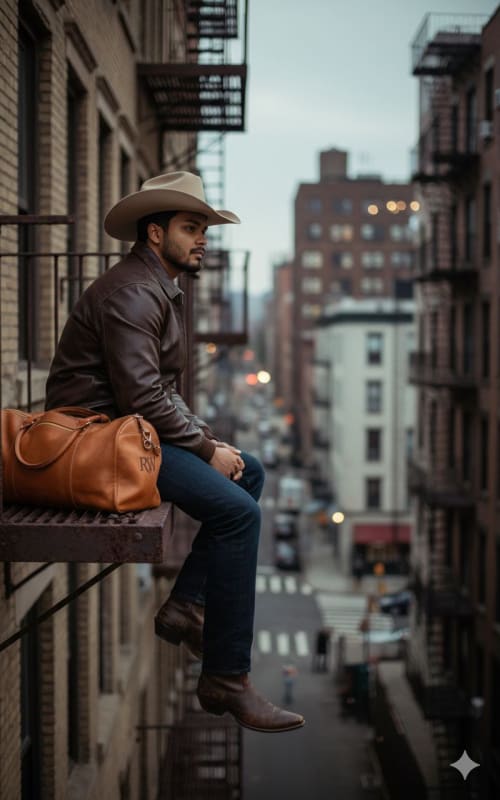 Male Model in Cowboy Attire on Fire Escape - view 1