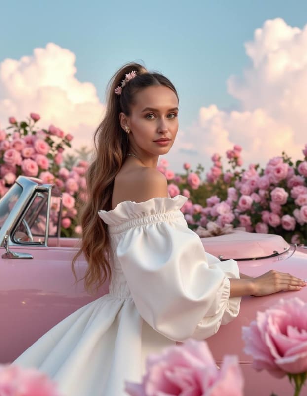Ultra-Realistic Portrait: Woman in Pink Rose Garden - view 1