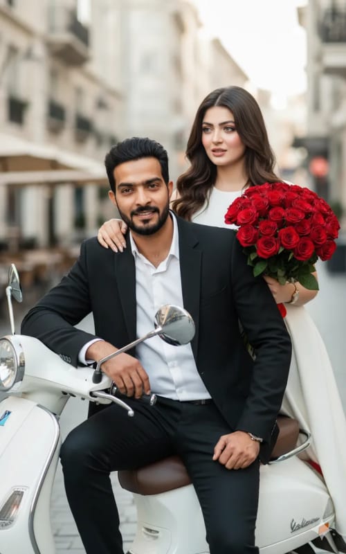 Romantic Couple with Scooter in City - Stylish Fashion Photography - view 1