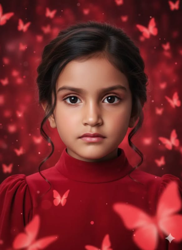 Red Gown Portrait: 4-Year-Old Girl with Butterflies thumbnail 3