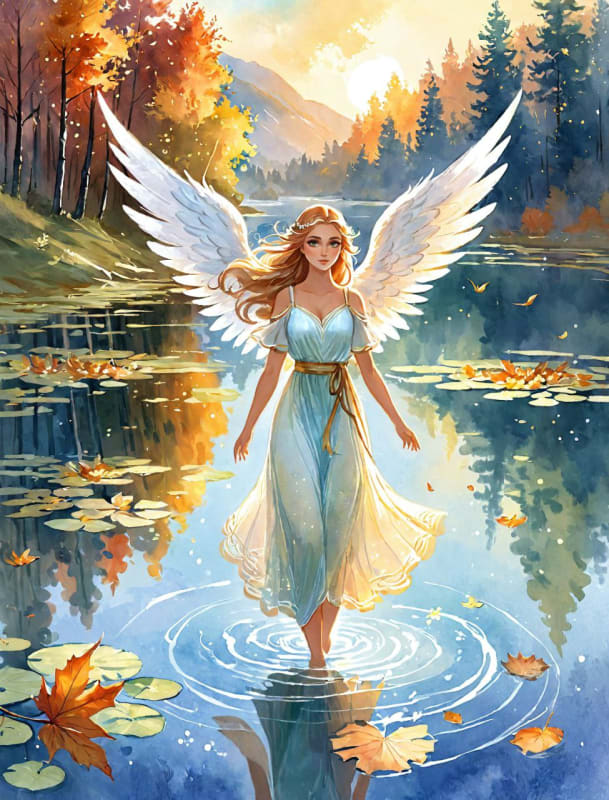 Ethereal Angel Floating Above Tranquil Lake at Dawn thumbnail 3