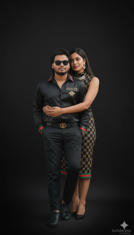 Elegant Couple Portrait: Matching Blue Turtlenecks - view 1