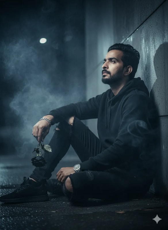 Sad Man with Black Rose in Urban Setting thumbnail 2