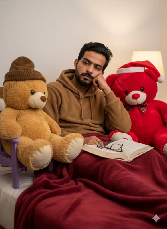 Cozy Study Scene: Man, Teddy Bears, and a Good Book thumbnail 2