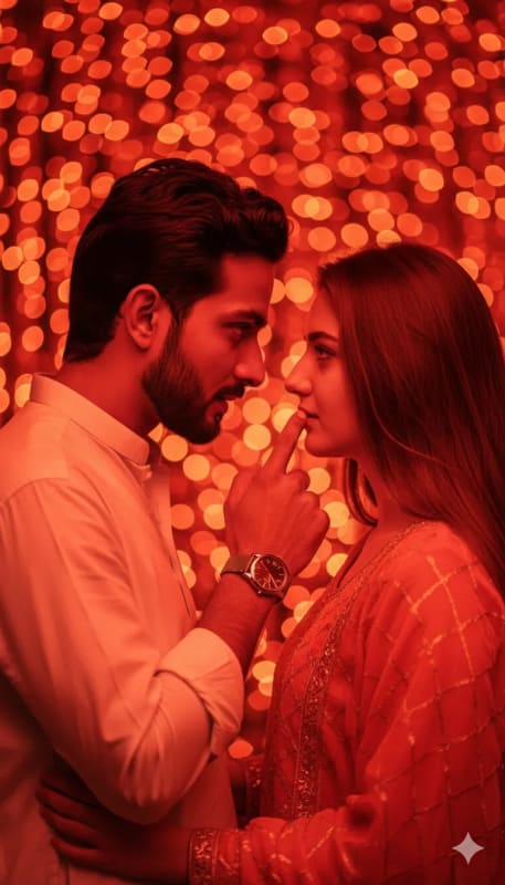 Passionate Couple Portrait Under Red Lights - view 1