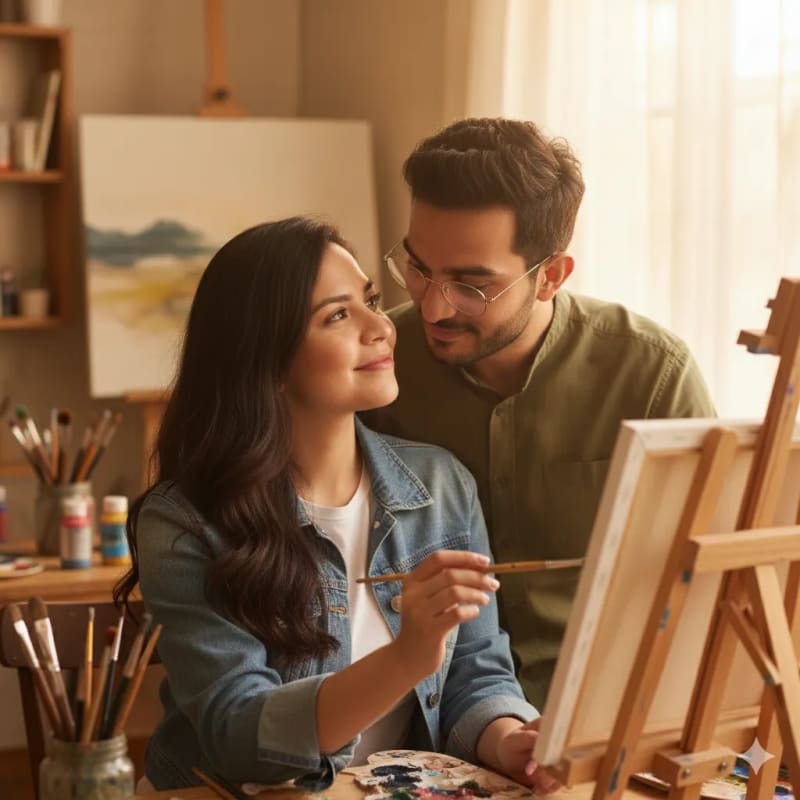 Romantic Art Studio Scene: Couple Painting Together - view 1