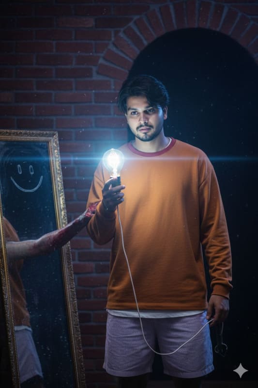 Eerie Portrait: Young Man with Glowing Bulb and Ghostly Encounter thumbnail 2