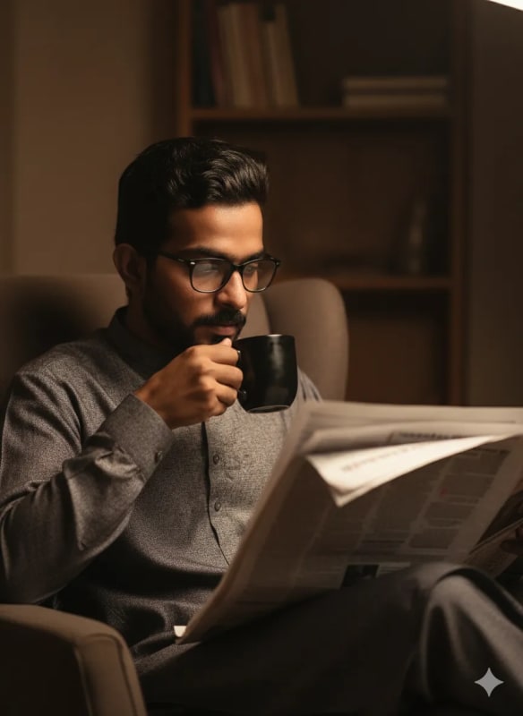 Stylish Man Reading Newspaper with Coffee - Indoor Portrait thumbnail 2