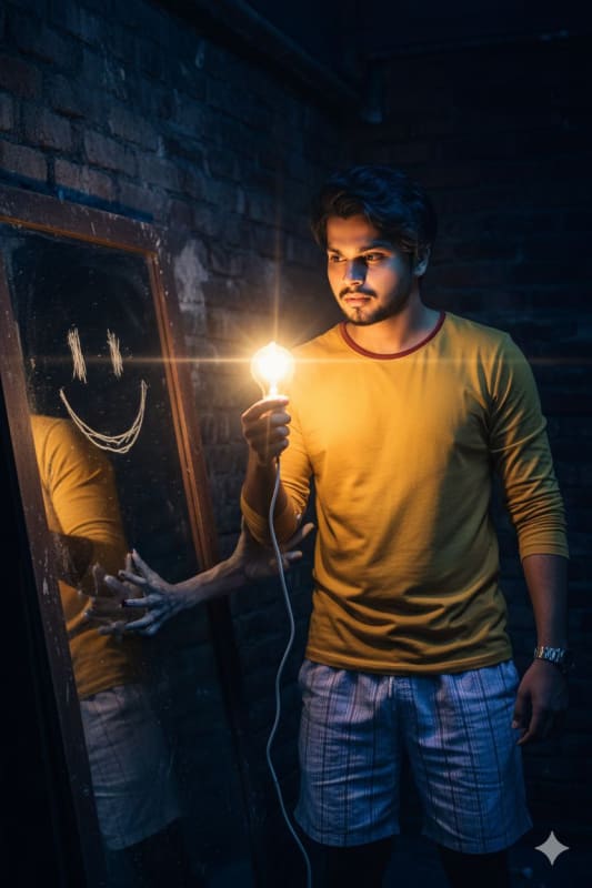 Eerie Portrait: Young Man with Glowing Bulb and Ghostly Encounter - view 1