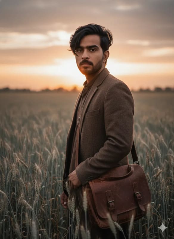 Sunset Portrait in Silverwheat Field: Moody Lighting and Leather Bag thumbnail 2