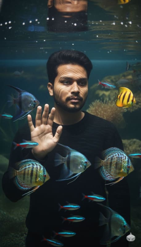 Cinematic Aquarium Portrait: Submerged Man & Goldfish thumbnail 4