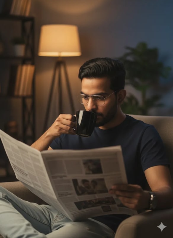 Stylish Man Reading Newspaper with Coffee - Indoor Portrait - view 1