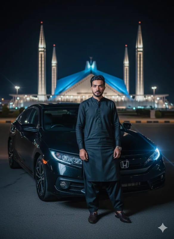 Stylish Man in Kameez Shalwar with Honda Civic at Faisal Mosque - view 1