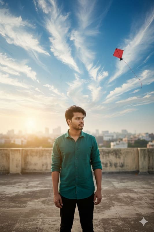 Rooftop Portrait with Surreal Sky: AI Prompt thumbnail 2