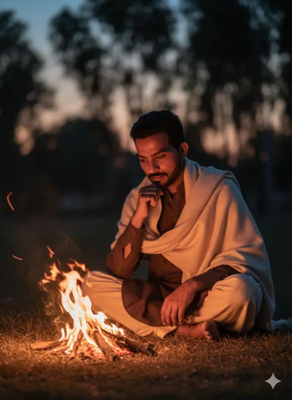Contemplative Man by Fire: Warm Evening Scene thumbnail 2