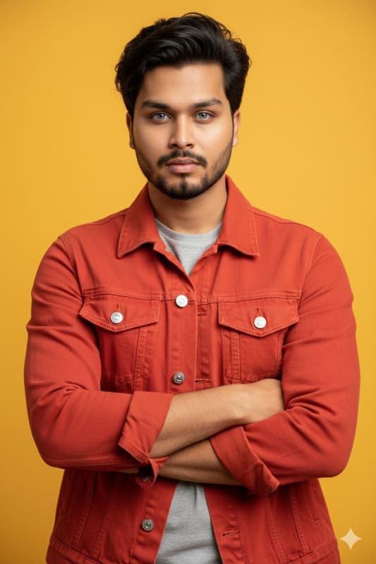 Handsome Man in Crimson Denim Jacket Portrait - view 1