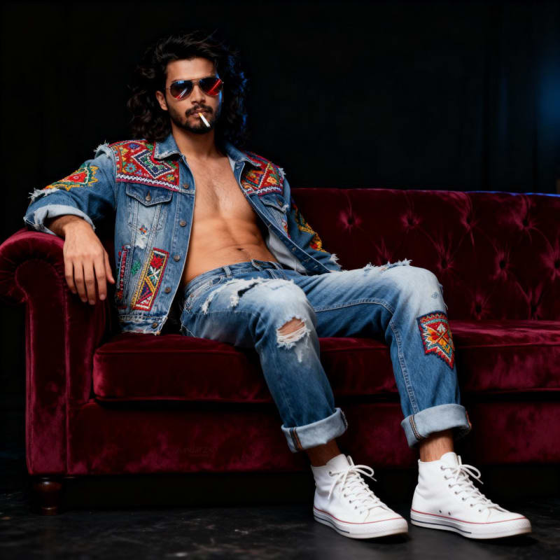 Bearded Model in Embroidered Denim: High-Fashion Studio Portrait thumbnail 3