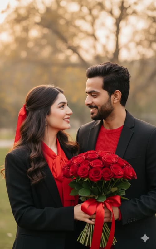 Romantic Couple Portrait with Red Roses thumbnail 4