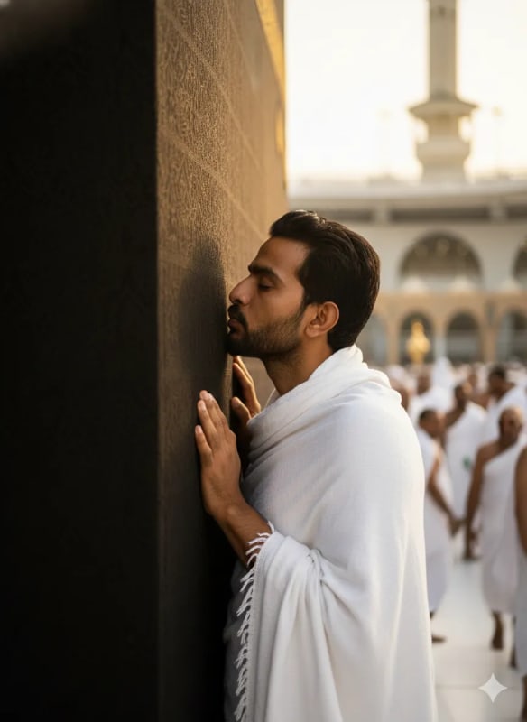 Emotional Mecca Pilgrimage Portrait: Man Kissing Kaaba at Sunset thumbnail 3