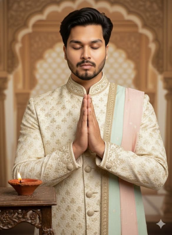 Elegant Indian Man Portrait in Cream Sherwani - view 1