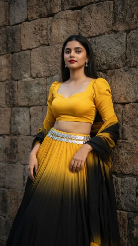 Vibrant Yellow-Black Ombre Lehenga Fusion Portrait - view 1
