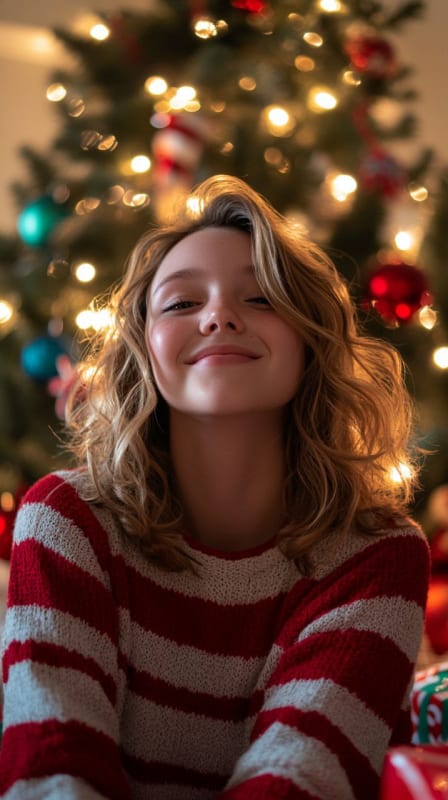 Festive Christmas Portrait: Girl in Snowflake Sweater thumbnail 3