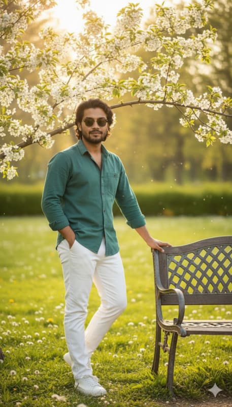 Stylish Man on Garden Bench Spring Portrait - view 1