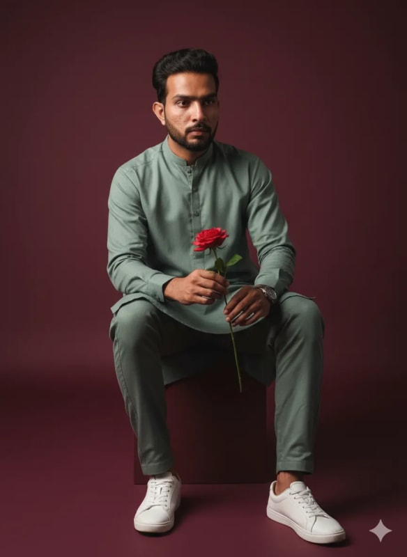 Maroon Fashion Portrait with Red Rose - Minimalist Aesthetic thumbnail 2