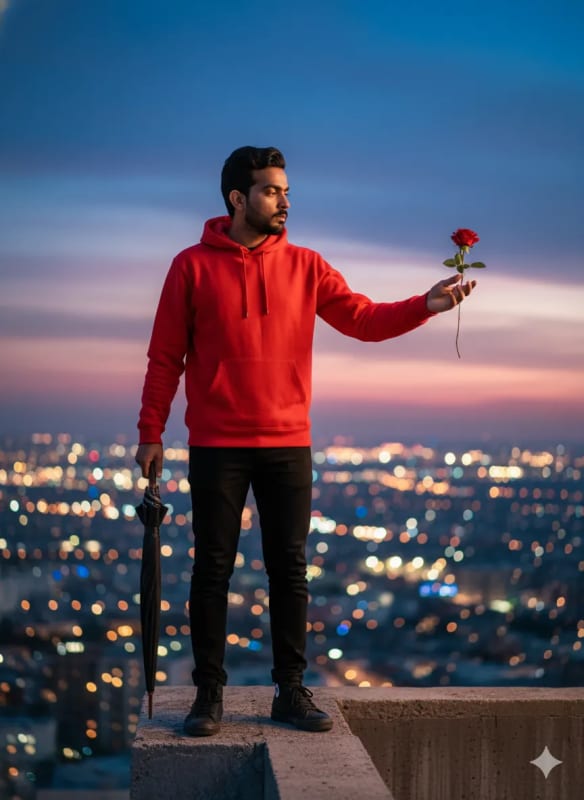 Rooftop Rose: Cinematic Cityscape Portrait thumbnail 2