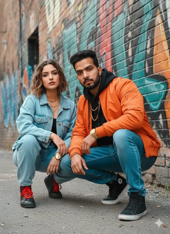 Urban Streetwear Duo in Front of Graffiti - view 1