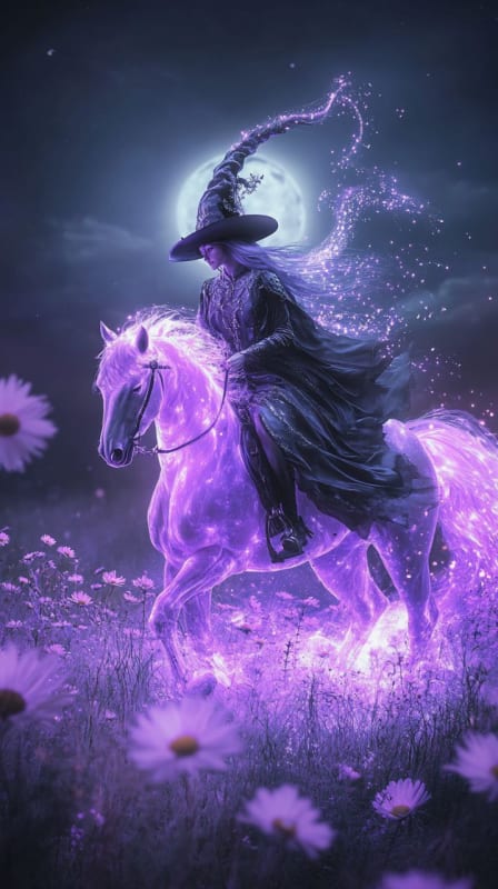 Enchanting Witch Riding Luminous Horse: Surreal Fantasy Art thumbnail 2