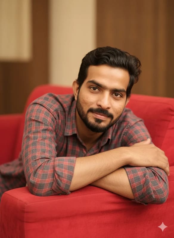Cozy Portrait of a Man on Red Sofa thumbnail 3