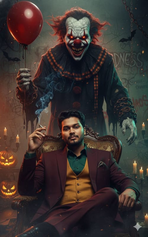 Cinematic Horror Portrait: Man and Clown Guardian in Halloween Chaos thumbnail 2