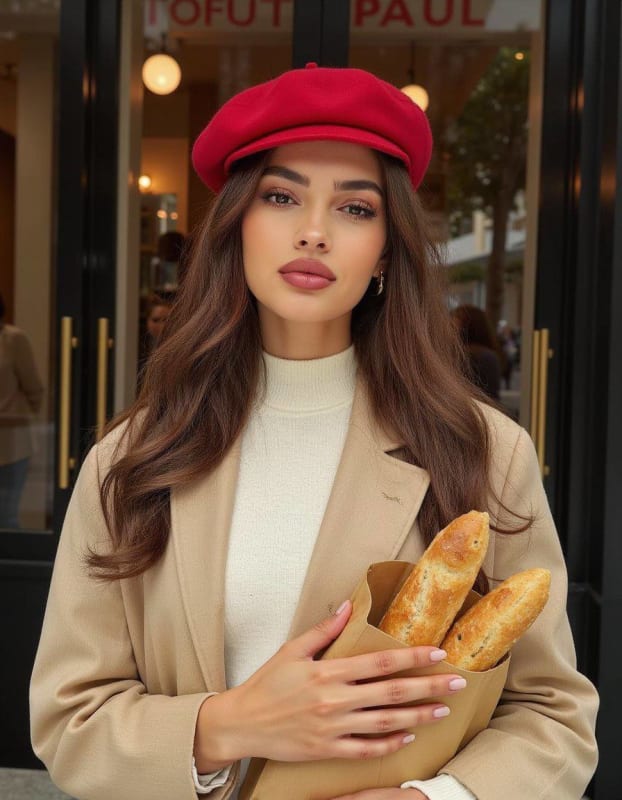 Parisian Café Portrait: Red Beret & Golden Baguettes - view 1