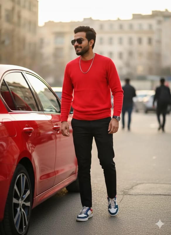 Stylish Man in Red Sweater Stepping Out of Car - Fashion Portrait thumbnail 2