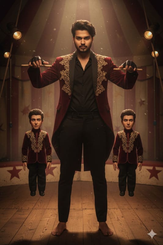 Hyperrealistic Circus Ringmaster with Marionette Puppets - view 1