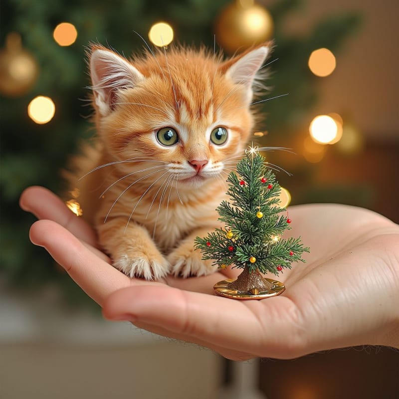 Kitten Christmas Magic: A Whimsical Ink Drawing - view 1