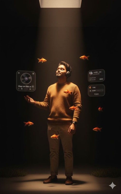 Hyperrealistic Portrait in Dark Studio with Floating Goldfish - view 1